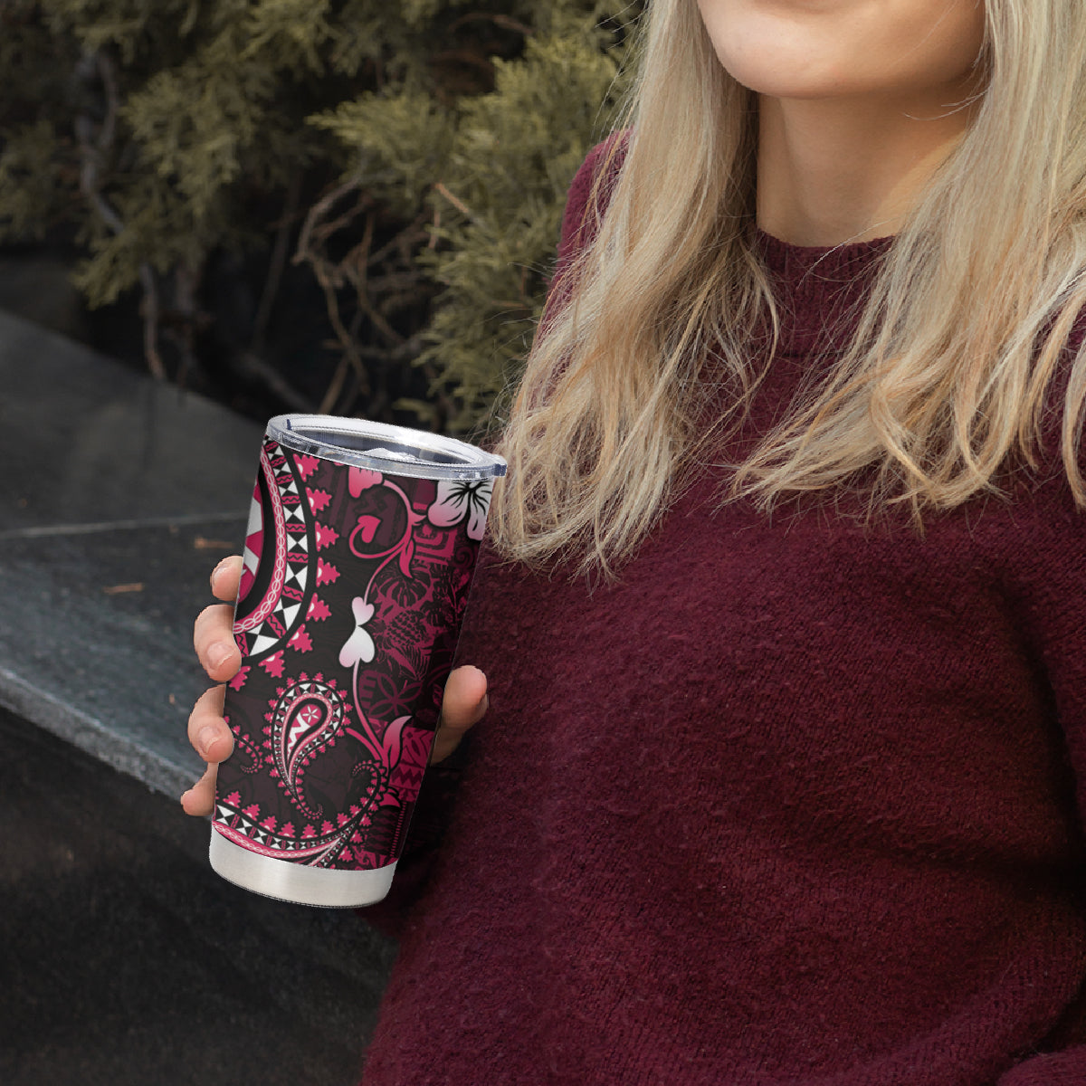 Fiji Masi Paisley With Hibiscus Tapa Tumbler Cup Pink Version