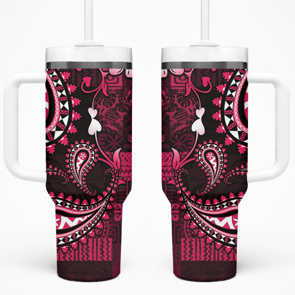 Fiji Masi Paisley With Hibiscus Tapa Tumbler With Handle Pink Version