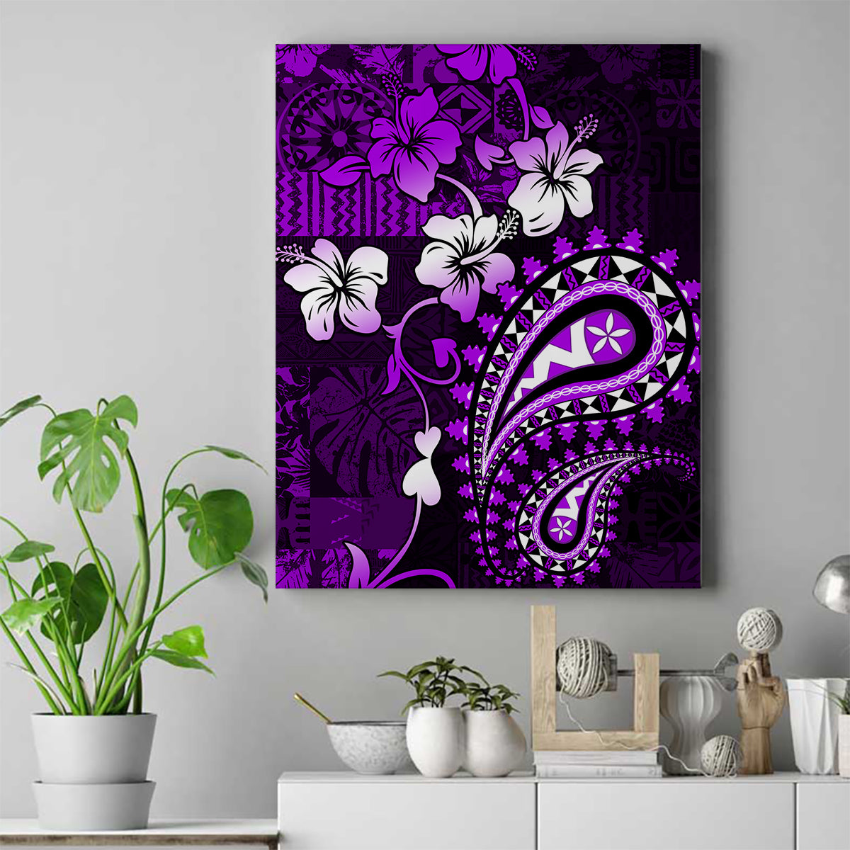 Fiji Masi Paisley Canvas Wall Art Fijian Hibiscus Tapa Purple Version LT01 Purple - Polynesian Pride