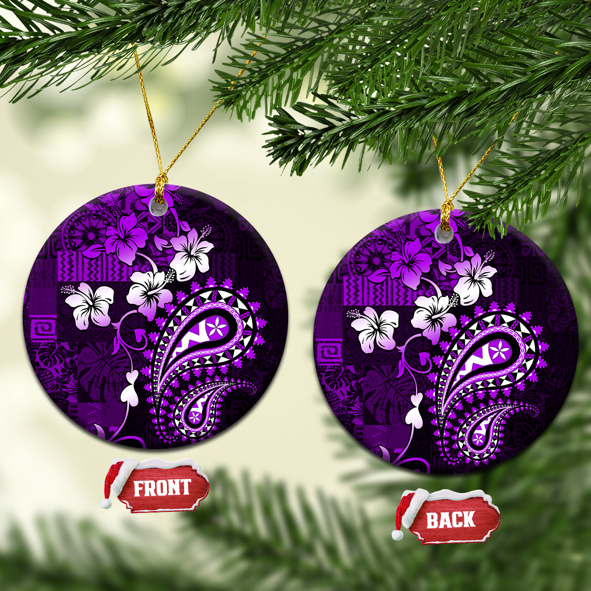 Fiji Masi Paisley Ceramic Ornament Fijian Hibiscus Tapa Purple Version LT01 Circle Purple - Polynesian Pride