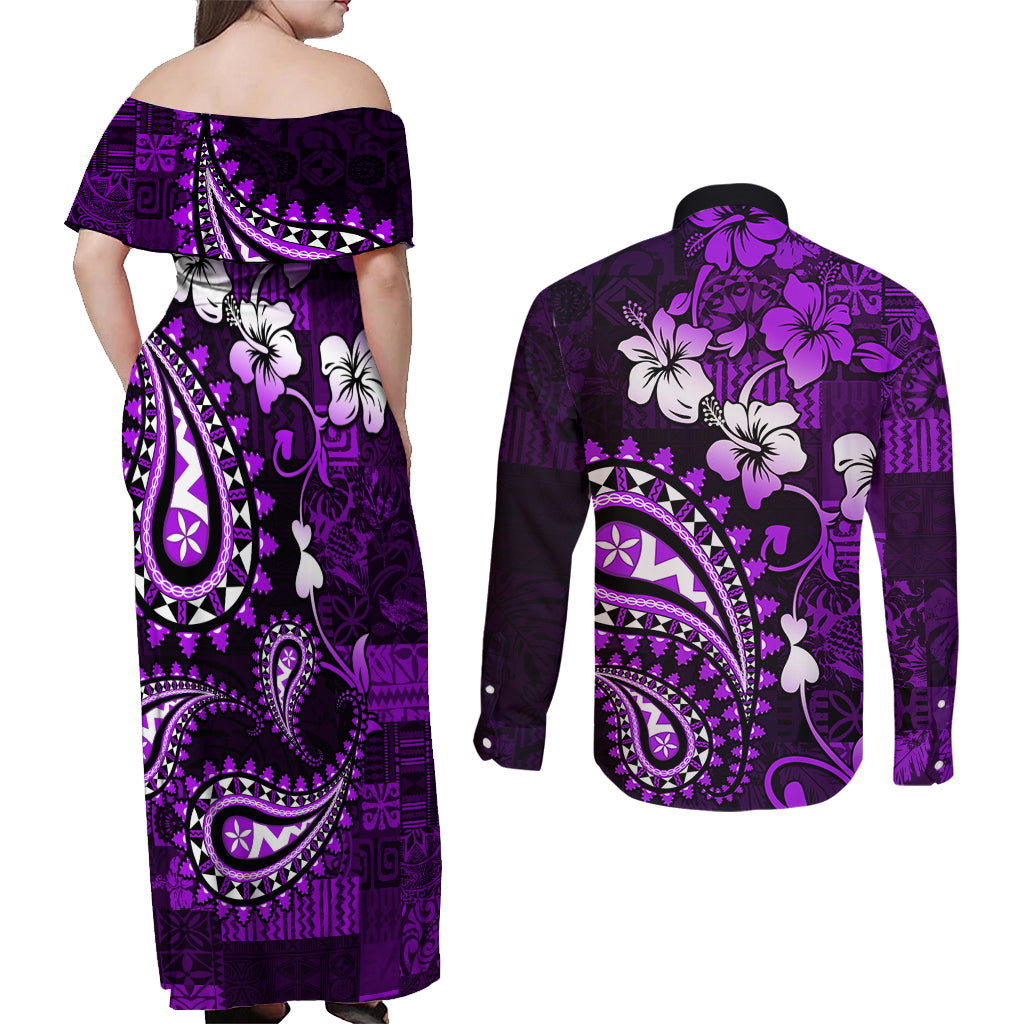 Fiji Masi Paisley Couples Matching Off Shoulder Maxi Dress and Long Sleeve Button Shirt Fijian Hibiscus Tapa Purple Version LT01 - Polynesian Pride