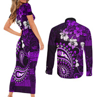 Fiji Masi Paisley Couples Matching Short Sleeve Bodycon Dress and Long Sleeve Button Shirt Fijian Hibiscus Tapa Purple Version LT01 - Polynesian Pride