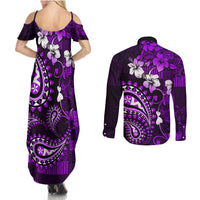Fiji Masi Paisley Couples Matching Summer Maxi Dress and Long Sleeve Button Shirt Fijian Hibiscus Tapa Purple Version LT01 - Polynesian Pride