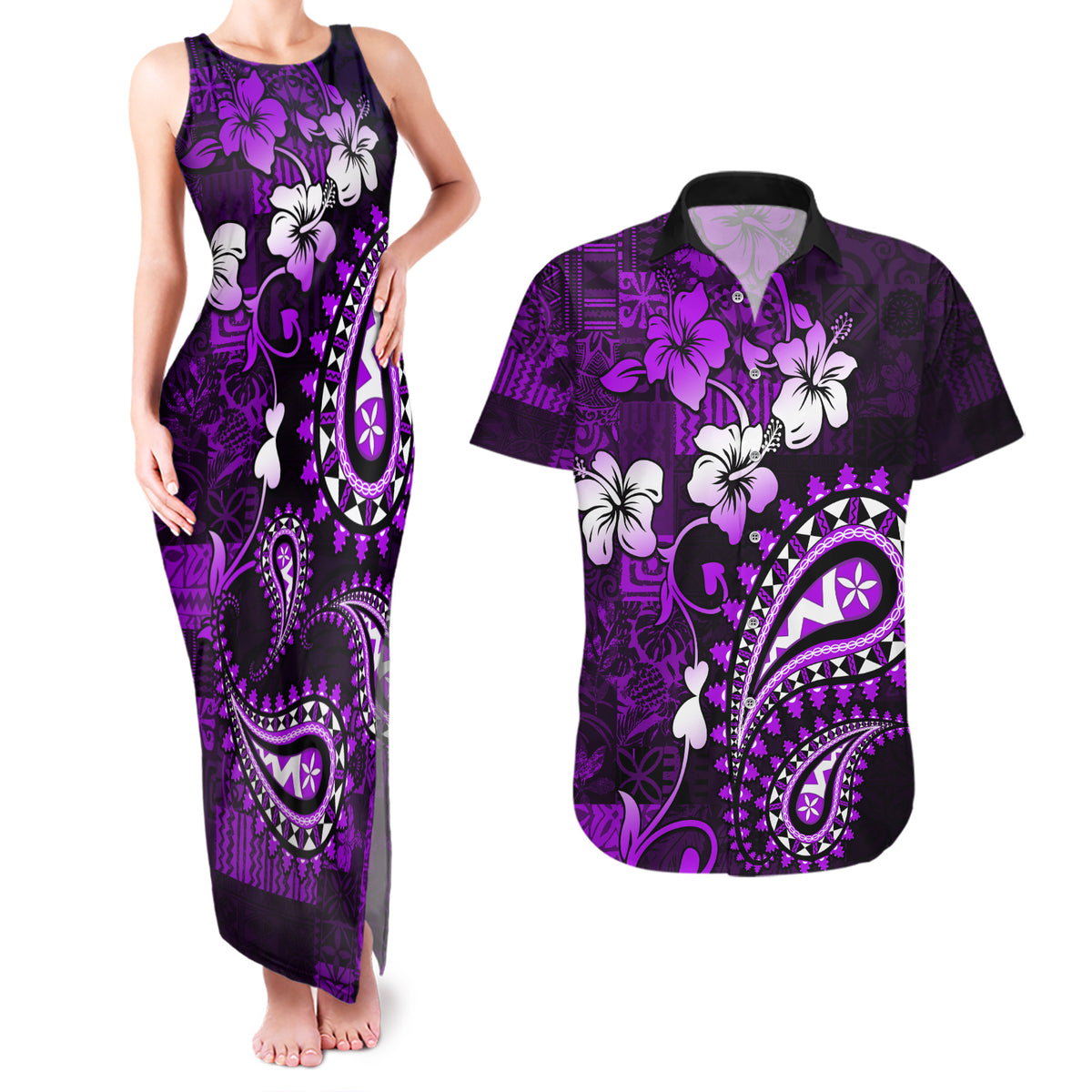 Fiji Masi Paisley Couples Matching Tank Maxi Dress and Hawaiian Shirt Fijian Hibiscus Tapa Purple Version LT01 Purple - Polynesian Pride