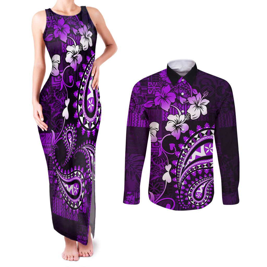 Fiji Masi Paisley Couples Matching Tank Maxi Dress and Long Sleeve Button Shirt Fijian Hibiscus Tapa Purple Version LT01 Purple - Polynesian Pride