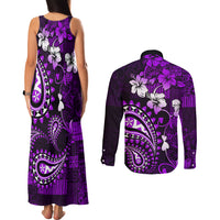 Fiji Masi Paisley Couples Matching Tank Maxi Dress and Long Sleeve Button Shirt Fijian Hibiscus Tapa Purple Version LT01 - Polynesian Pride