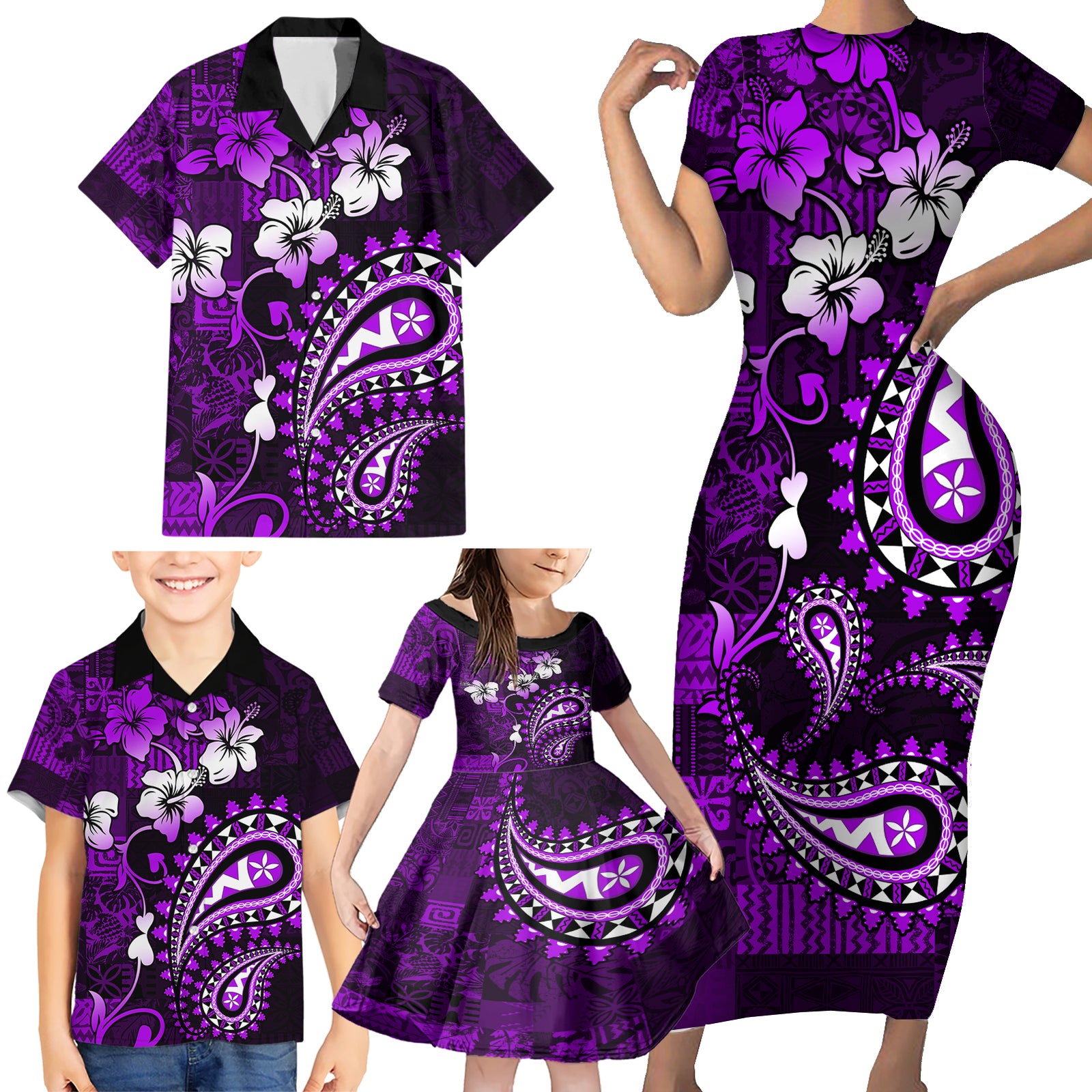 Fiji Masi Paisley Family Matching Short Sleeve Bodycon Dress and Hawaiian Shirt Fijian Hibiscus Tapa Purple Version LT01 - Polynesian Pride