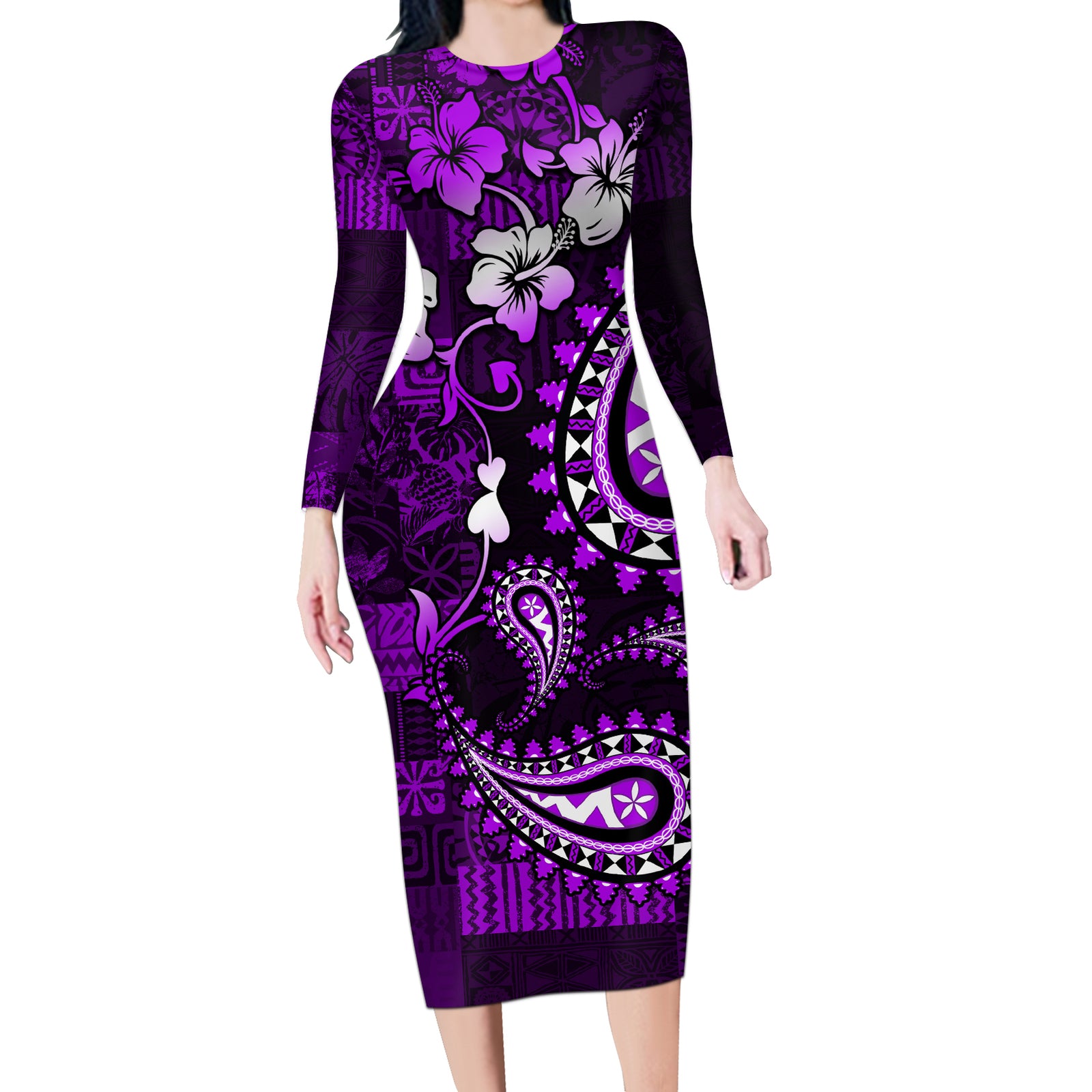 Fiji Masi Paisley Long Sleeve Bodycon Dress Fijian Hibiscus Tapa Purple Version LT01 Long Dress Purple - Polynesian Pride