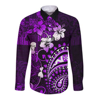Fiji Masi Paisley Long Sleeve Button Shirt Fijian Hibiscus Tapa Purple Version LT01 Unisex Purple - Polynesian Pride