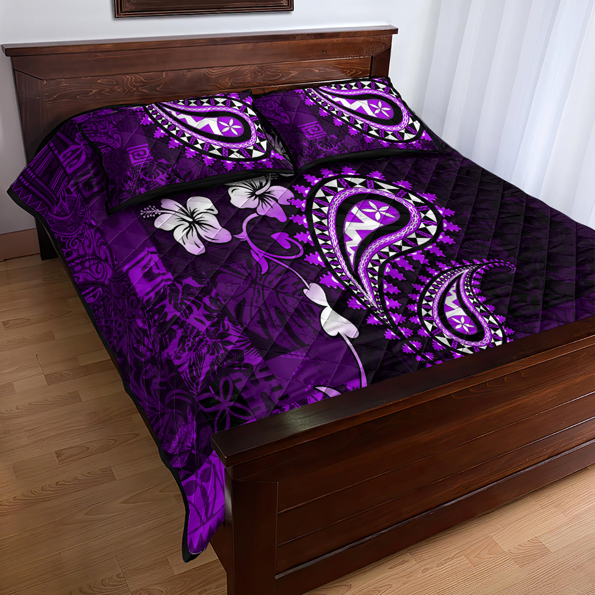 Fiji Masi Paisley Quilt Bed Set Fijian Hibiscus Tapa Purple Version LT01 - Polynesian Pride
