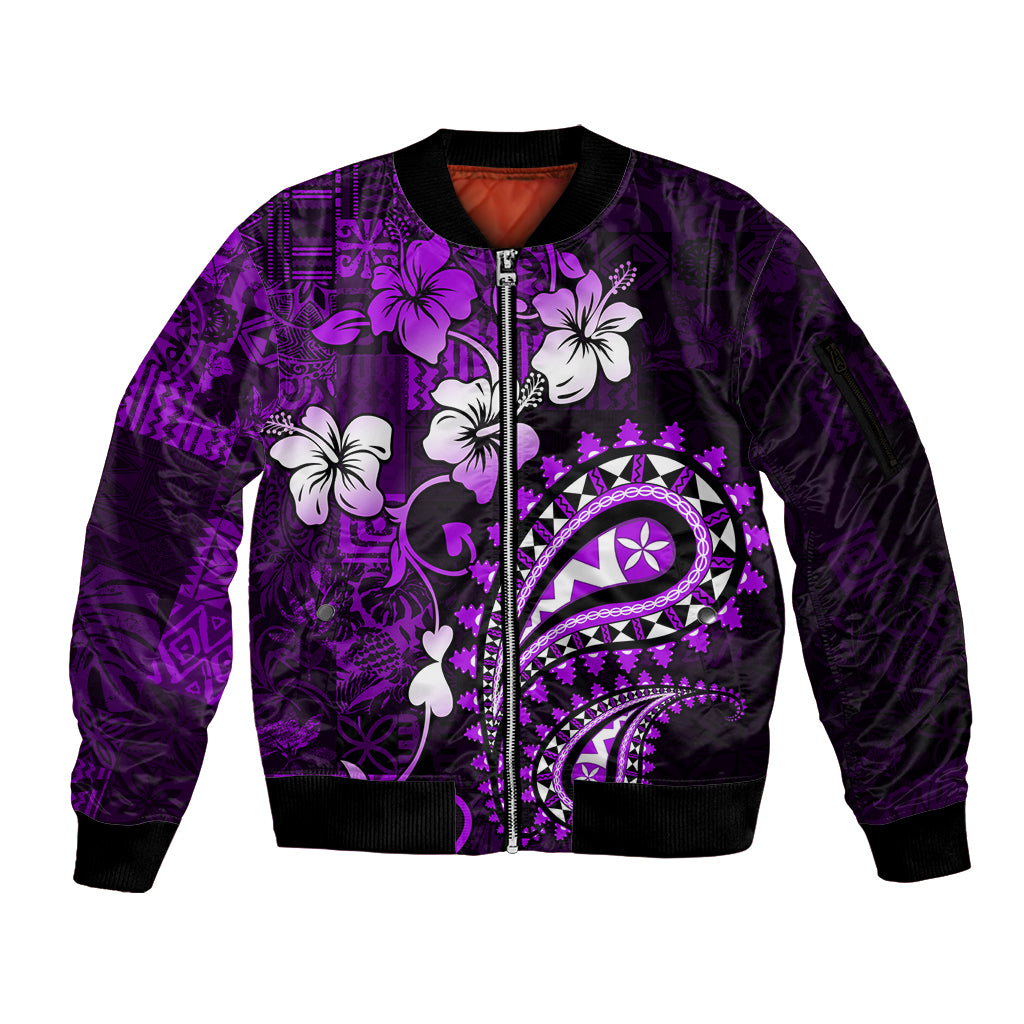 Fiji Masi Paisley Sleeve Zip Bomber Jacket Fijian Hibiscus Tapa Purple Version LT01 Unisex Purple - Polynesian Pride