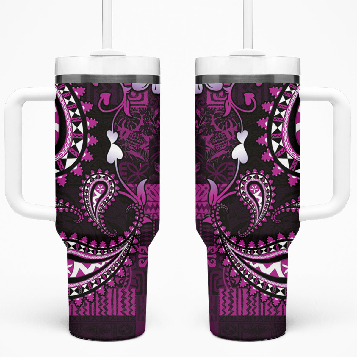 Fiji Masi Paisley Tumbler With Handle Fijian Hibiscus Tapa Purple Version