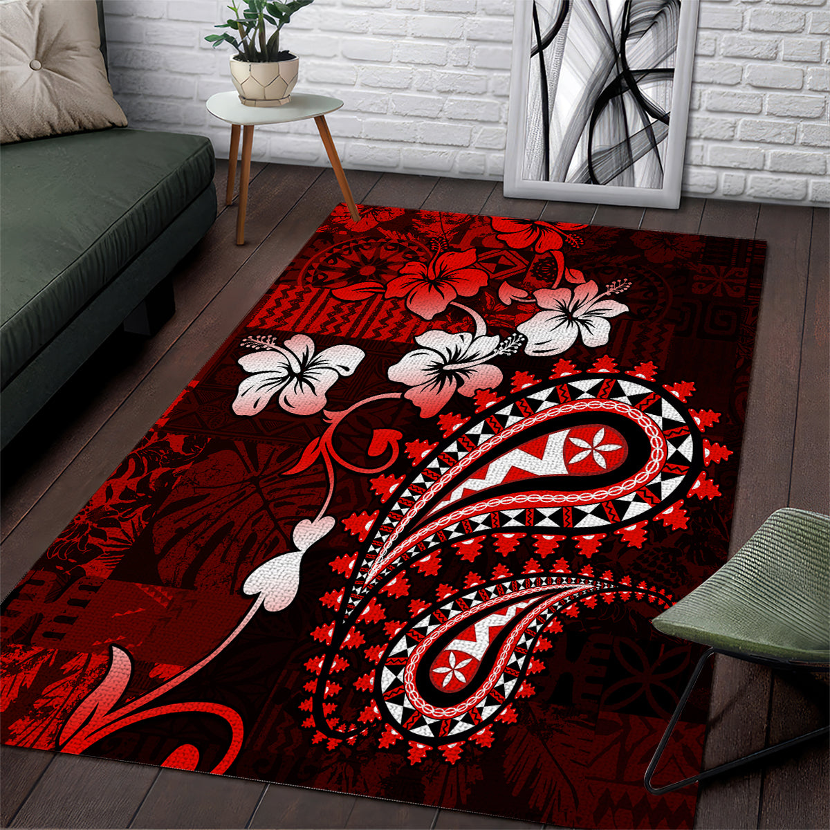 Fiji Masi Paisley Area Rug Fijian Hibiscus Tapa Red Version LT01 Red - Polynesian Pride