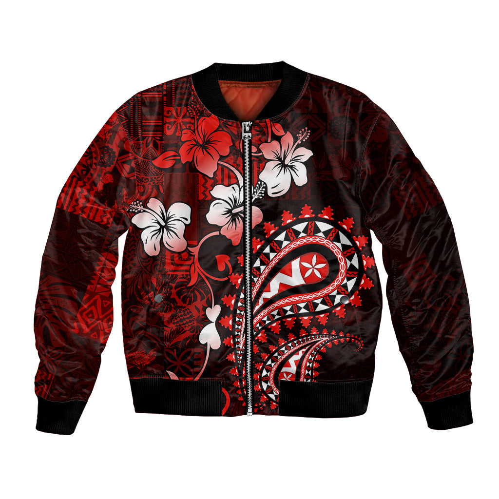 Fiji Masi Paisley Bomber Jacket Fijian Hibiscus Tapa Red Version LT01 Unisex Red - Polynesian Pride