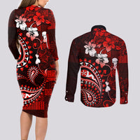 Fiji Masi Paisley Couples Matching Long Sleeve Bodycon Dress and Long Sleeve Button Shirt Fijian Hibiscus Tapa Red Version LT01 - Polynesian Pride