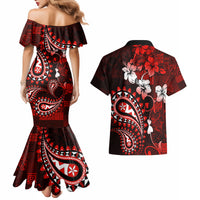 Fiji Masi Paisley Couples Matching Mermaid Dress and Hawaiian Shirt Fijian Hibiscus Tapa Red Version LT01 - Polynesian Pride