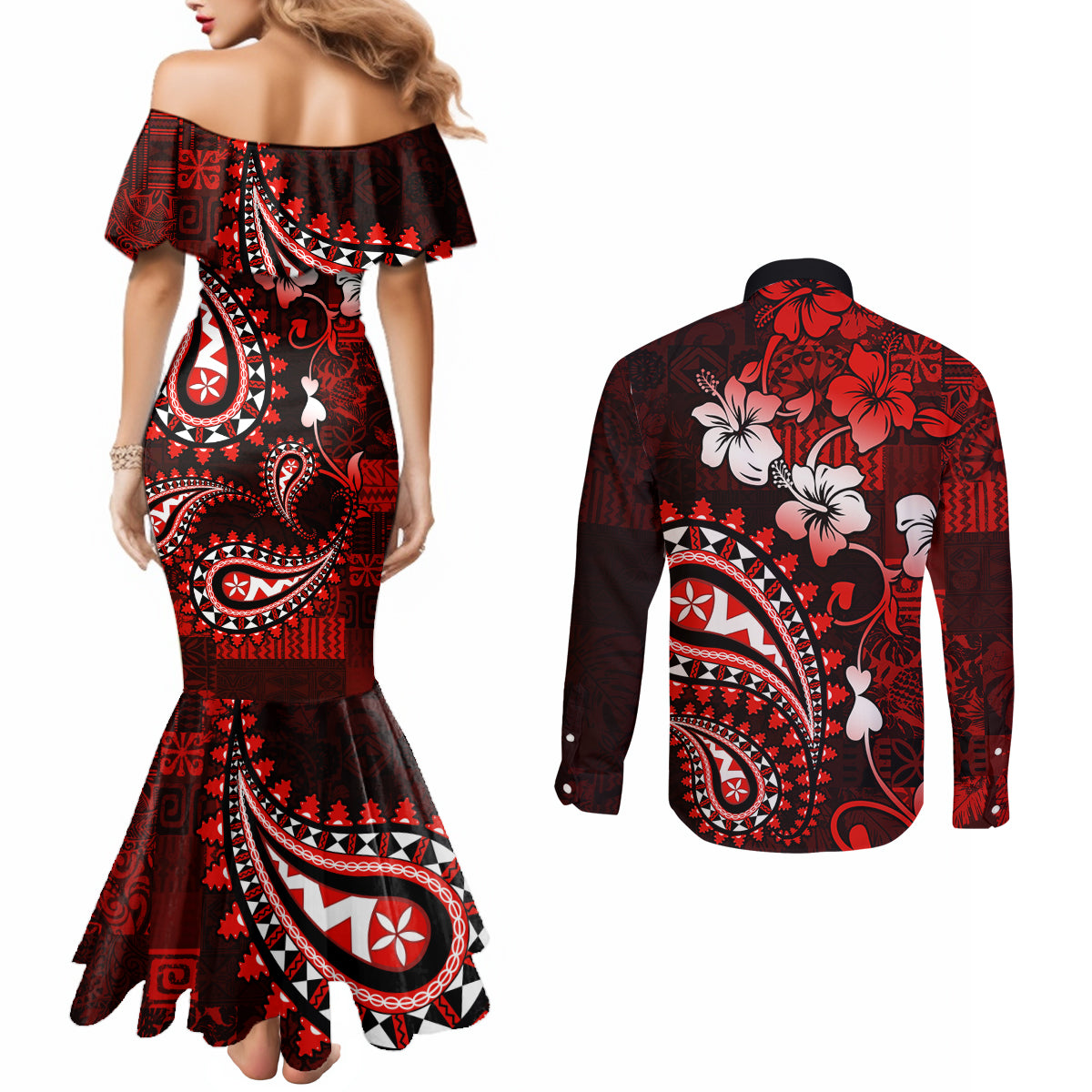 Fiji Masi Paisley Couples Matching Mermaid Dress and Long Sleeve Button Shirt Fijian Hibiscus Tapa Red Version LT01 - Polynesian Pride