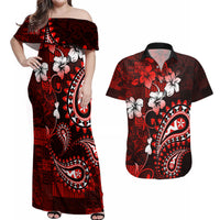 Fiji Masi Paisley Couples Matching Off Shoulder Maxi Dress and Hawaiian Shirt Fijian Hibiscus Tapa Red Version LT01 Red - Polynesian Pride