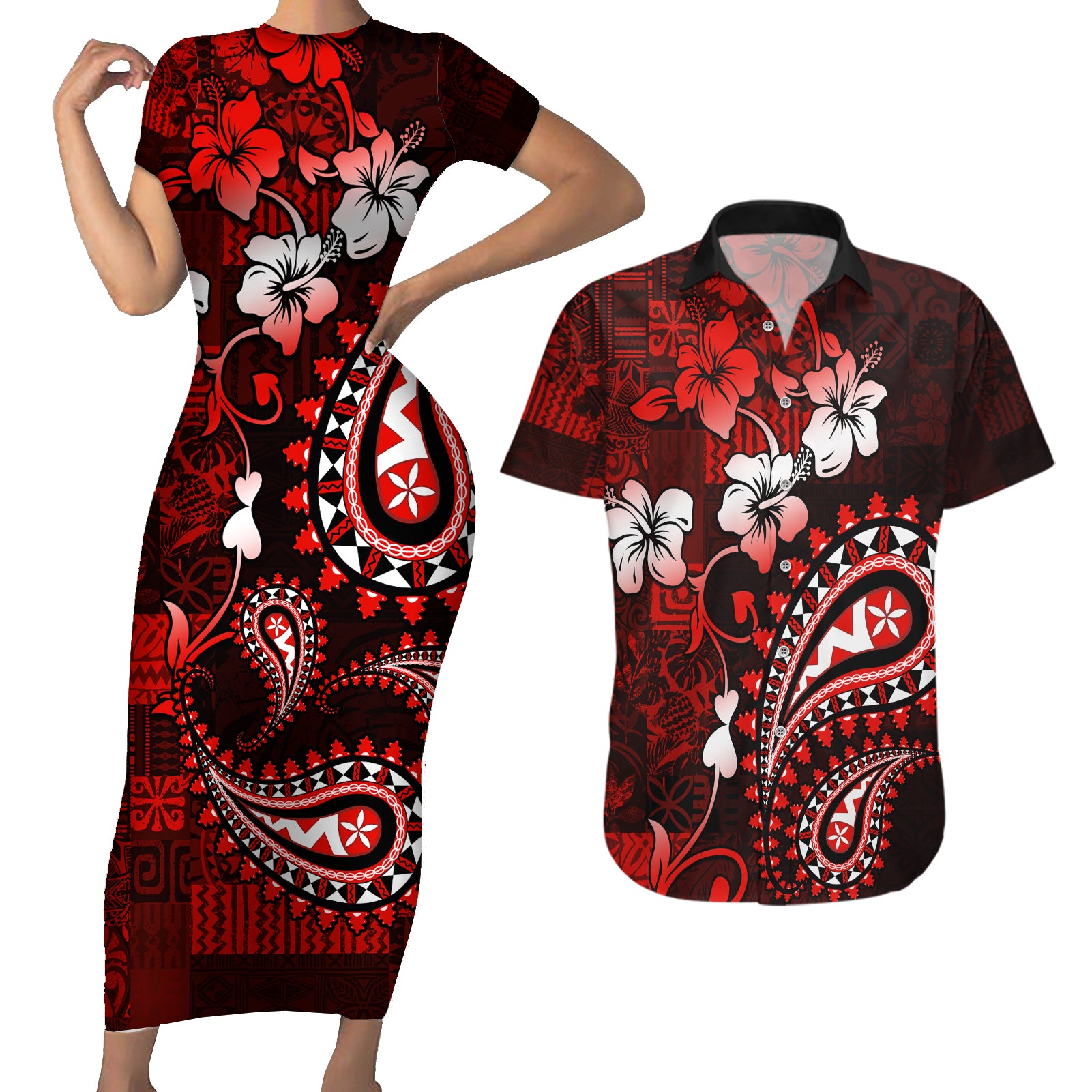 Fiji Masi Paisley Couples Matching Short Sleeve Bodycon Dress and Hawaiian Shirt Fijian Hibiscus Tapa Red Version LT01 Red - Polynesian Pride