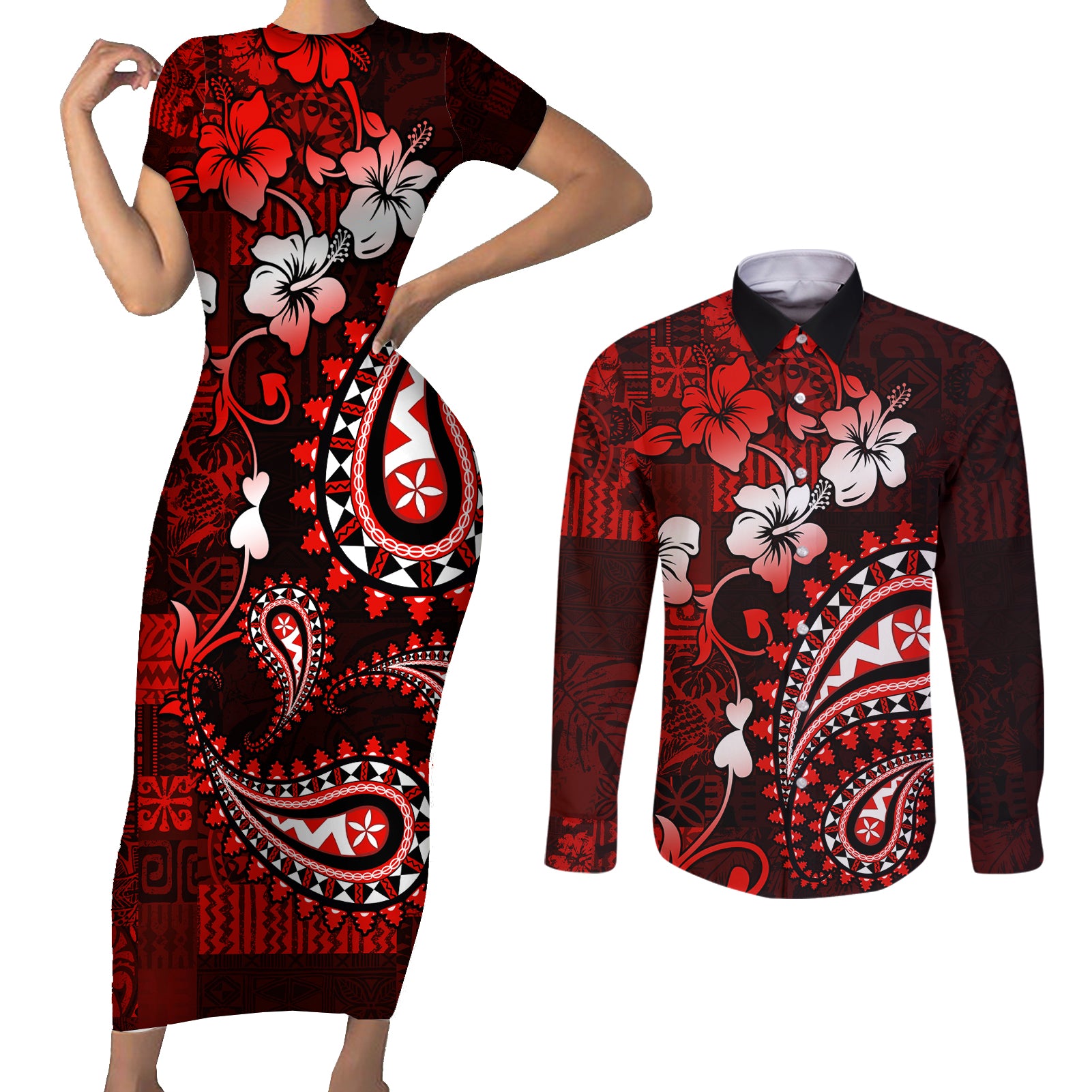 Fiji Masi Paisley Couples Matching Short Sleeve Bodycon Dress and Long Sleeve Button Shirt Fijian Hibiscus Tapa Red Version LT01 Red - Polynesian Pride