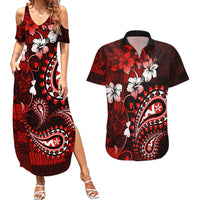 Fiji Masi Paisley Couples Matching Summer Maxi Dress and Hawaiian Shirt Fijian Hibiscus Tapa Red Version LT01 Red - Polynesian Pride