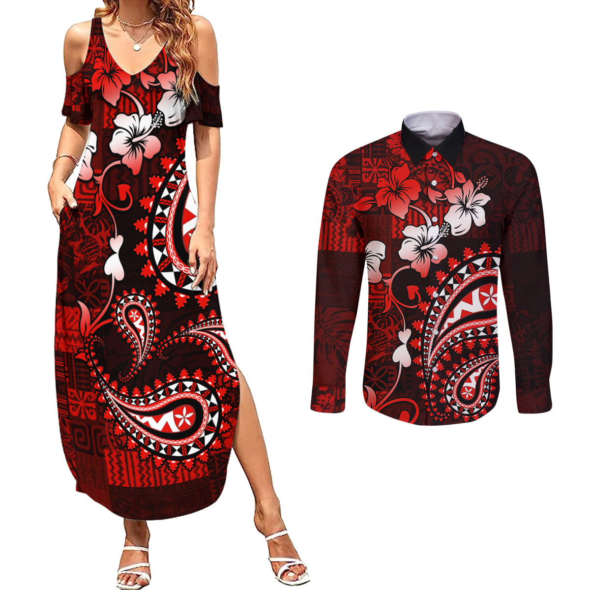 Fiji Masi Paisley Couples Matching Summer Maxi Dress and Long Sleeve Button Shirt Fijian Hibiscus Tapa Red Version LT01 Red - Polynesian Pride