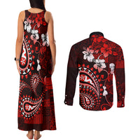 Fiji Masi Paisley Couples Matching Tank Maxi Dress and Long Sleeve Button Shirt Fijian Hibiscus Tapa Red Version LT01 - Polynesian Pride