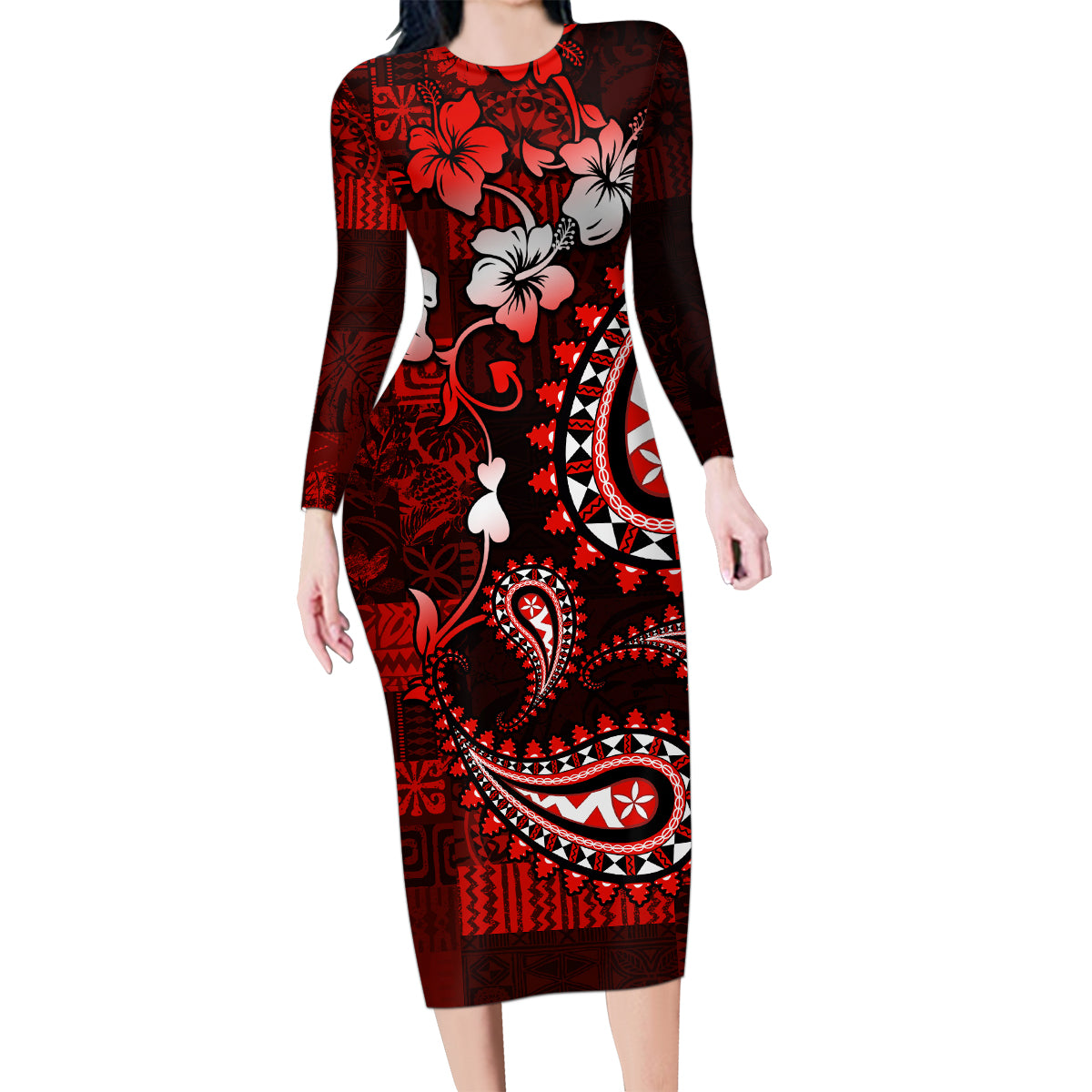 Fiji Masi Paisley Family Matching Long Sleeve Bodycon Dress and Hawaiian Shirt Fijian Hibiscus Tapa Red Version LT01 Mom's Dress Red - Polynesian Pride