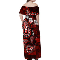 Fiji Masi Paisley Family Matching Off Shoulder Maxi Dress and Hawaiian Shirt Fijian Hibiscus Tapa Red Version LT01 - Polynesian Pride