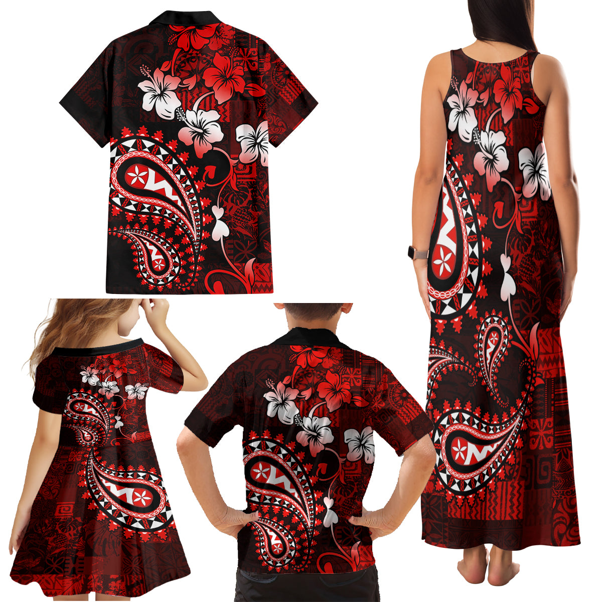 Fiji Masi Paisley Family Matching Tank Maxi Dress and Hawaiian Shirt Fijian Hibiscus Tapa Red Version LT01 - Polynesian Pride
