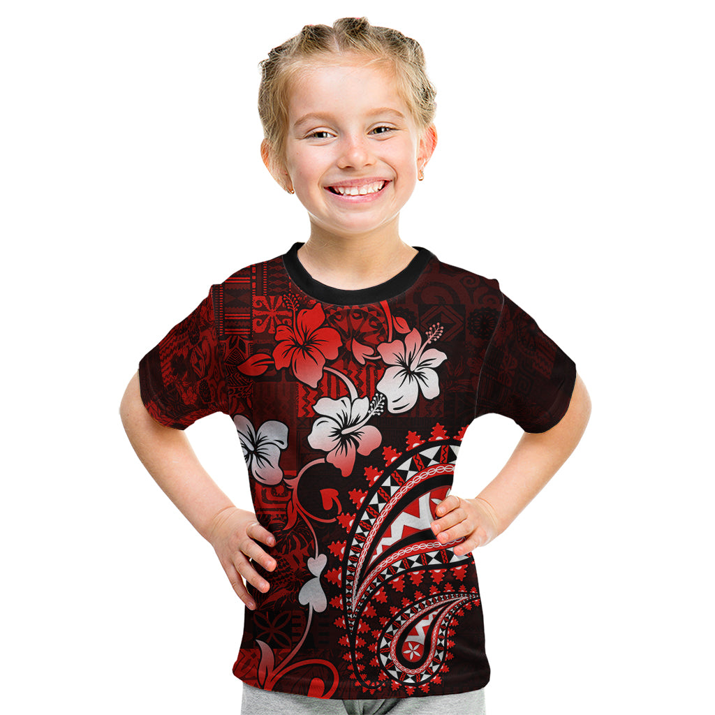 Fiji Masi Paisley Kid T Shirt Fijian Hibiscus Tapa Red Version LT01 Red - Polynesian Pride