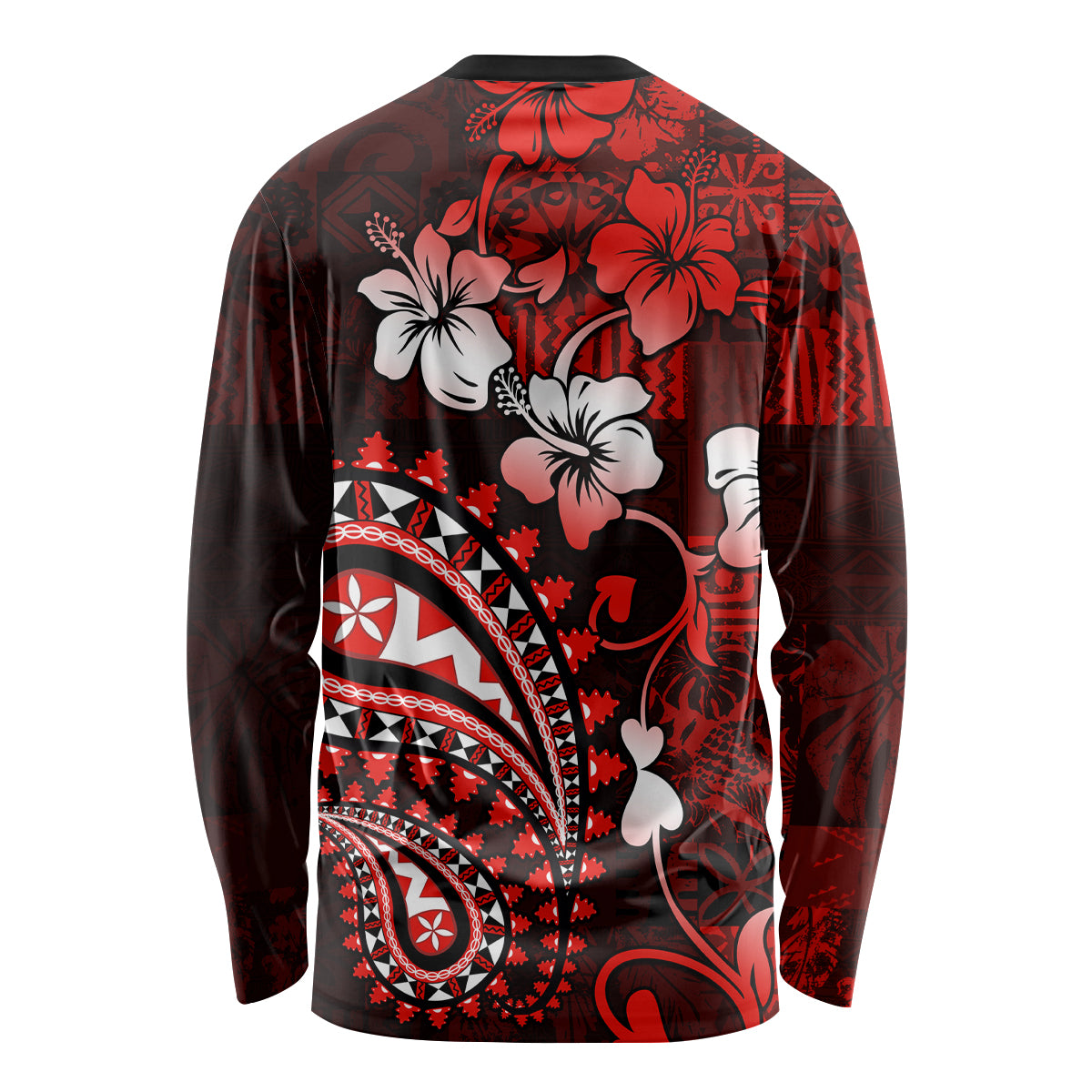 Fiji Masi Paisley Long Sleeve Shirt Fijian Hibiscus Tapa Red Version LT01 - Polynesian Pride