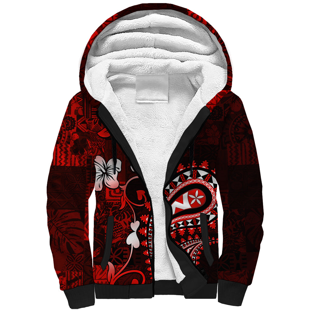 Fiji Masi Paisley Sherpa Hoodie Fijian Hibiscus Tapa Red Version LT01 Unisex Red - Polynesian Pride