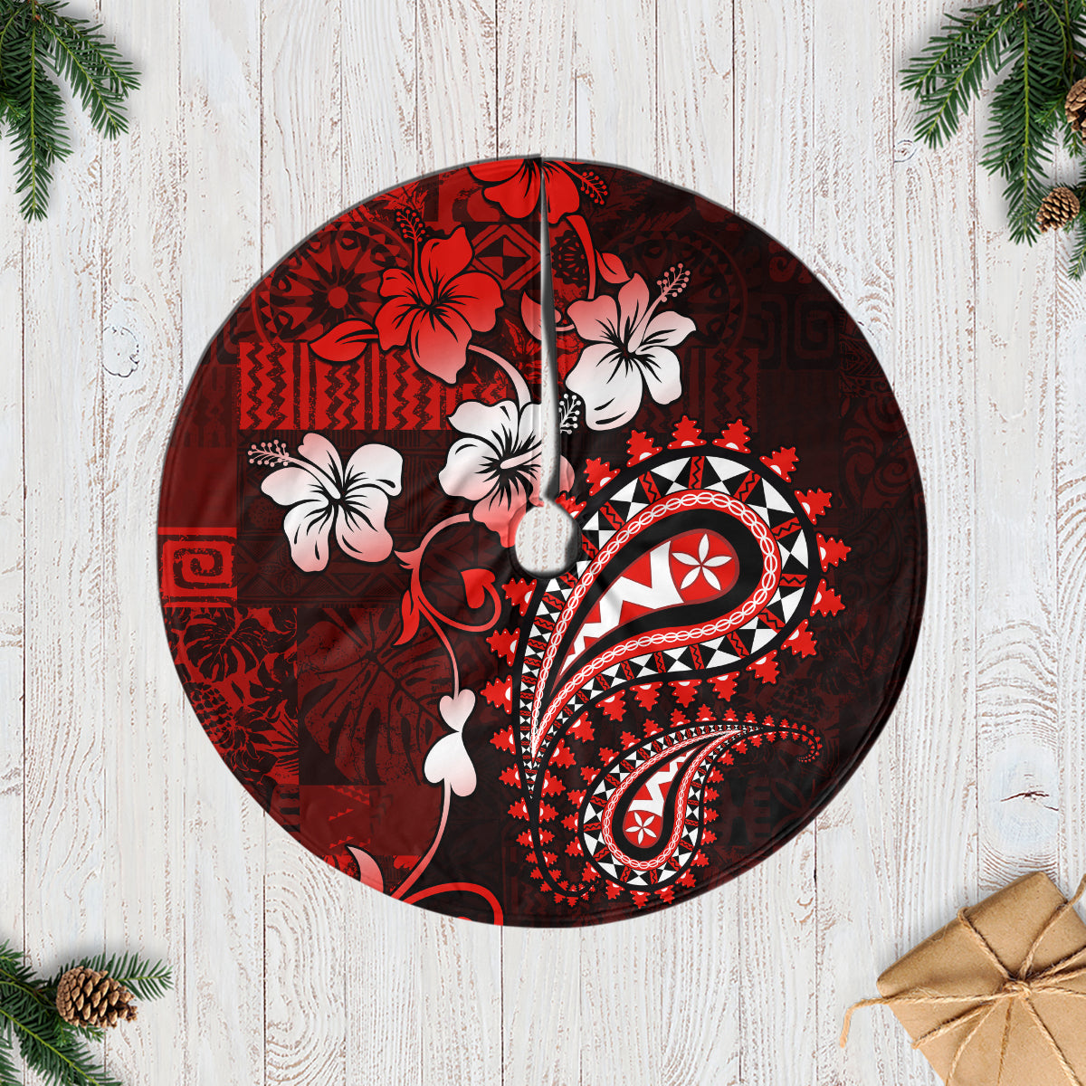 Fiji Masi Paisley Tree Skirt Fijian Hibiscus Tapa Red Version LT01 Casual Tree Skirts Red - Polynesian Pride