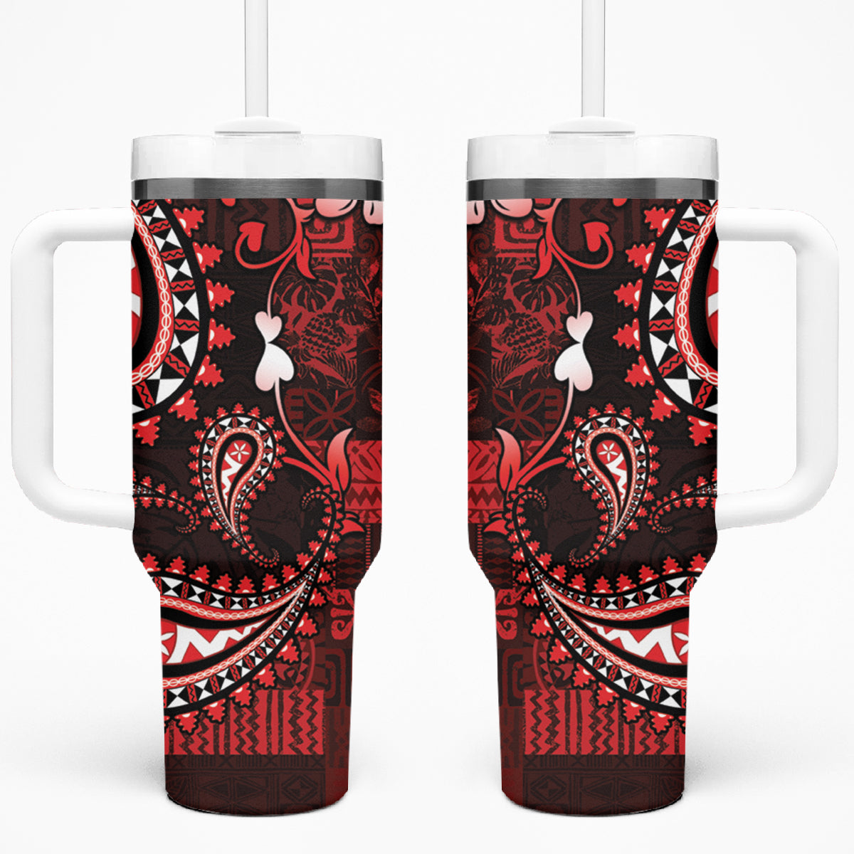 Fiji Masi Paisley Tumbler With Handle Fijian Hibiscus Tapa Red Version