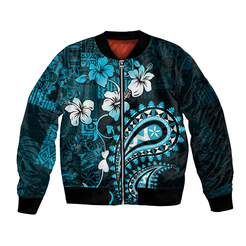 Fiji Masi Paisley Bomber Jacket Fijian Hibiscus Tapa Sky Blue Version LT01 Unisex Blue - Polynesian Pride
