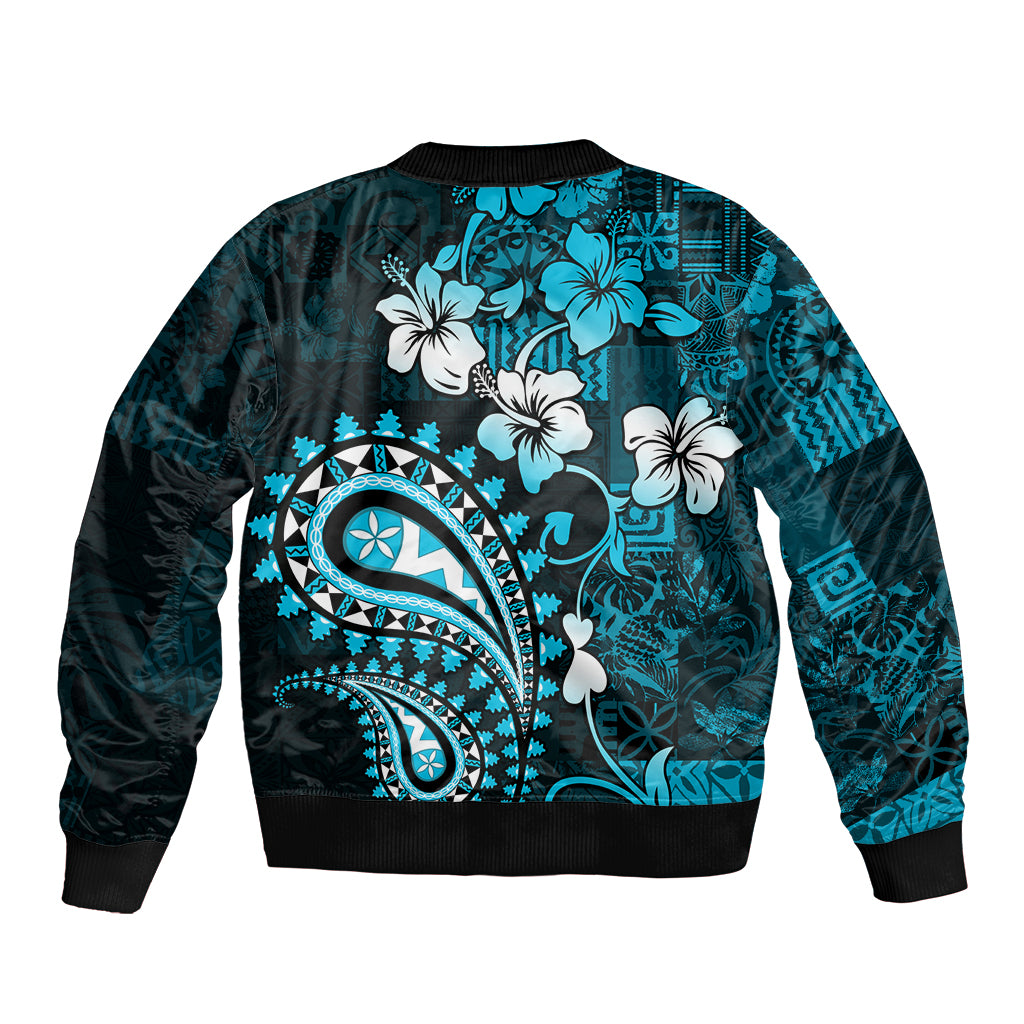 Fiji Masi Paisley Bomber Jacket Fijian Hibiscus Tapa Sky Blue Version LT01 - Polynesian Pride