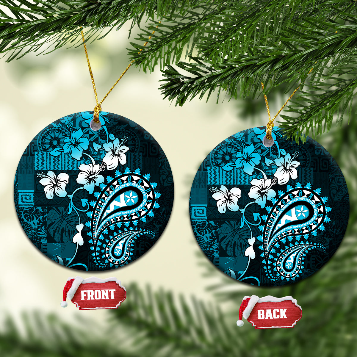 Fiji Masi Paisley Ceramic Ornament Fijian Hibiscus Tapa Sky Blue Version LT01 Circle Blue - Polynesian Pride