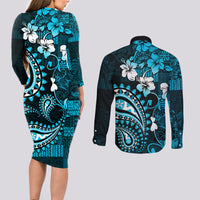 Fiji Masi Paisley Couples Matching Long Sleeve Bodycon Dress and Long Sleeve Button Shirt Fijian Hibiscus Tapa Sky Blue Version LT01 - Polynesian Pride