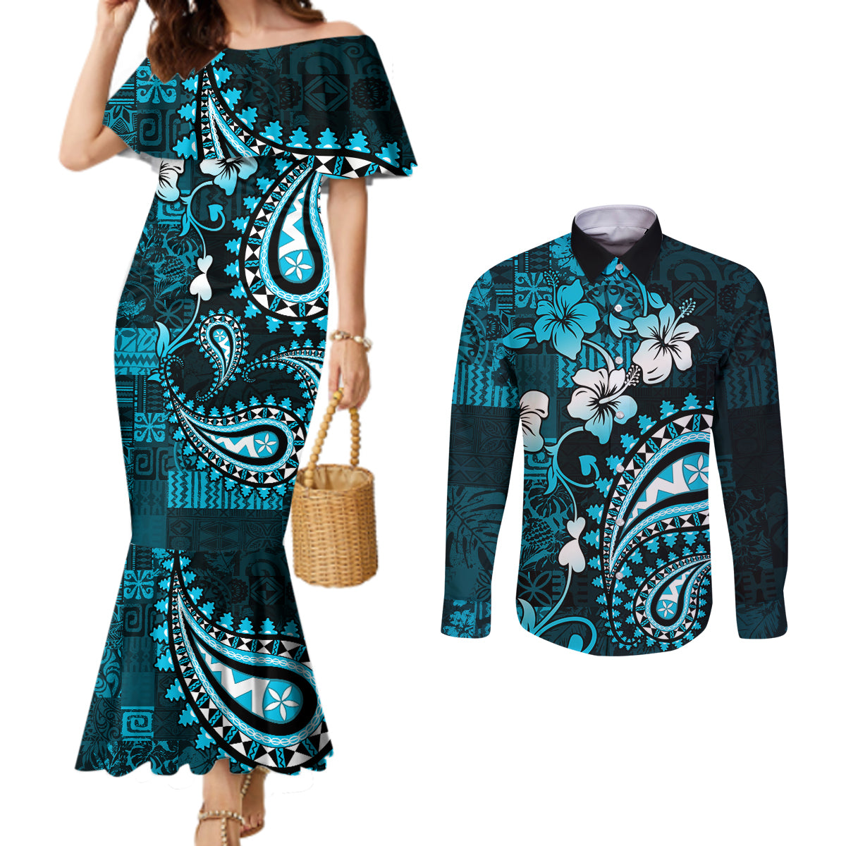 Fiji Masi Paisley Couples Matching Mermaid Dress and Long Sleeve Button Shirt Fijian Hibiscus Tapa Sky Blue Version LT01 Blue - Polynesian Pride