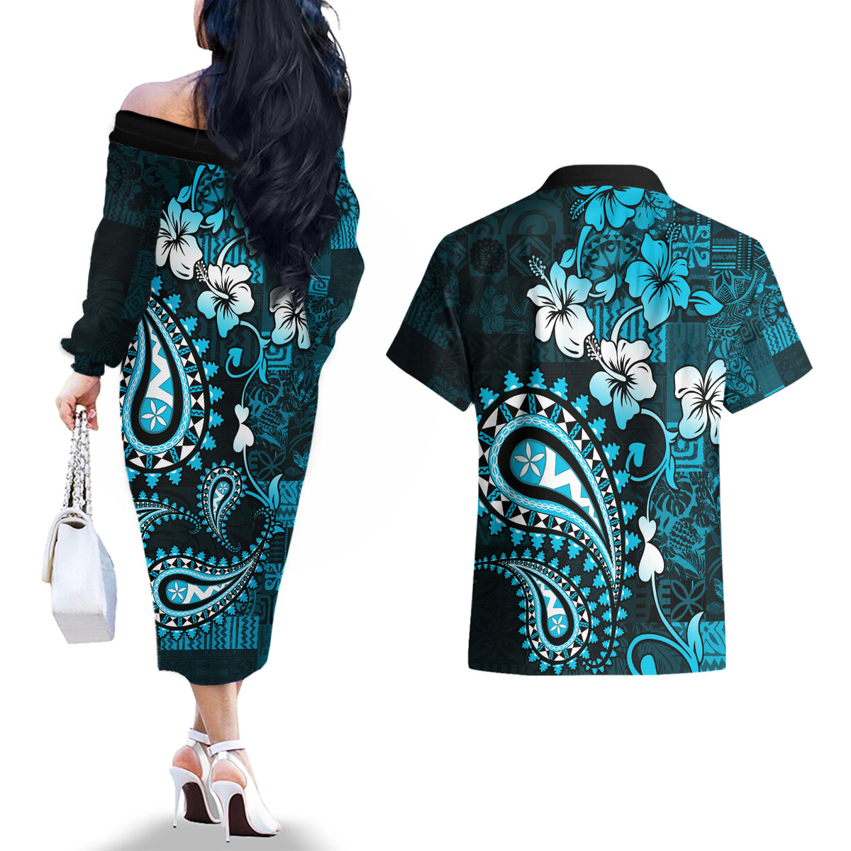 Fiji Masi Paisley Couples Matching Off The Shoulder Long Sleeve Dress and Hawaiian Shirt Fijian Hibiscus Tapa Sky Blue Version LT01 - Polynesian Pride