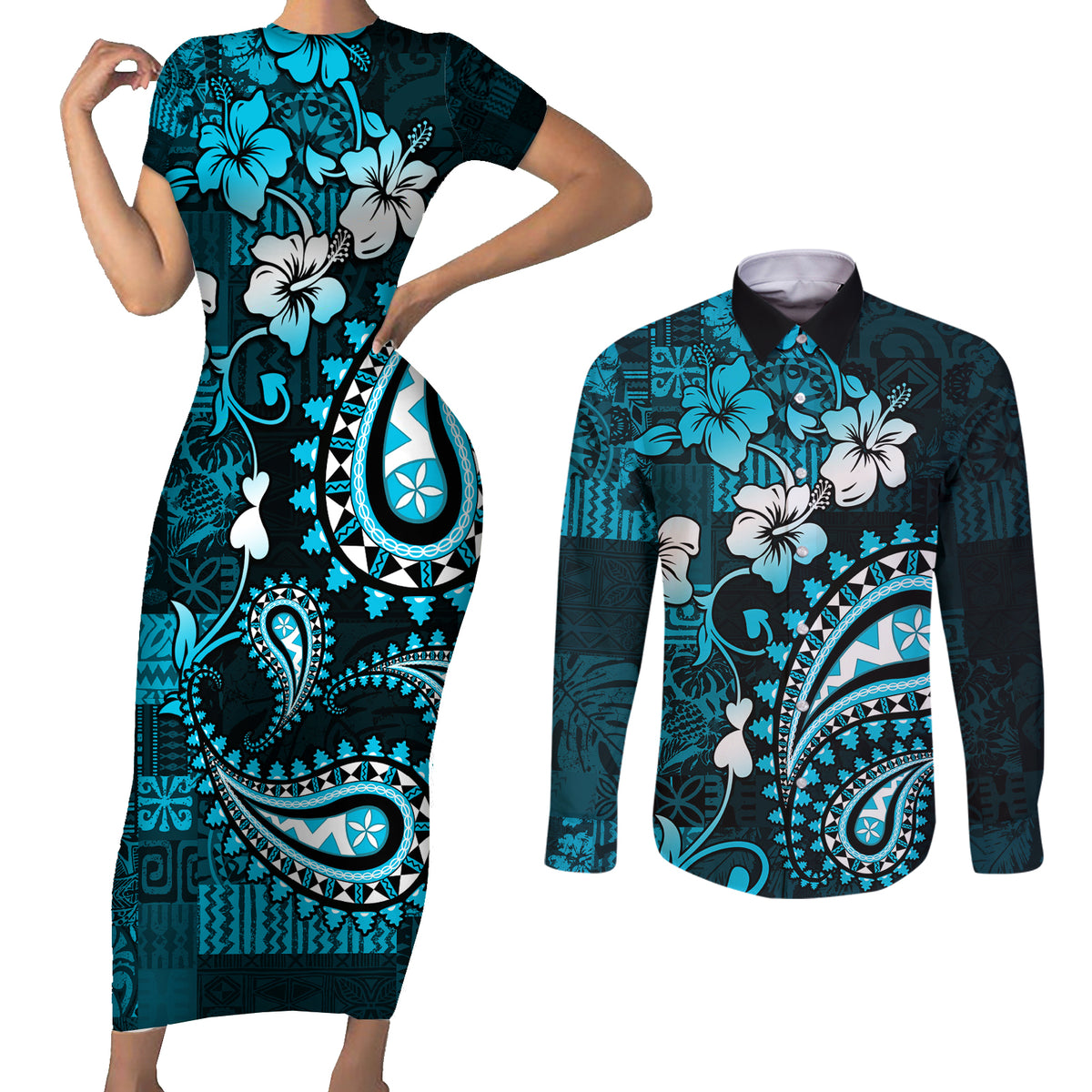 Fiji Masi Paisley Couples Matching Short Sleeve Bodycon Dress and Long Sleeve Button Shirt Fijian Hibiscus Tapa Sky Blue Version LT01 Blue - Polynesian Pride