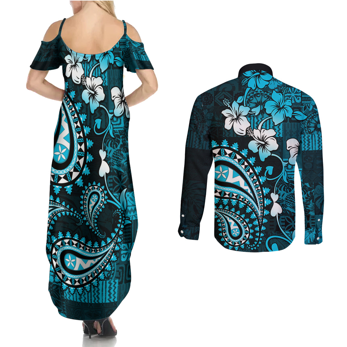 Fiji Masi Paisley Couples Matching Summer Maxi Dress and Long Sleeve Button Shirt Fijian Hibiscus Tapa Sky Blue Version LT01 - Polynesian Pride