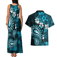 Fiji Masi Paisley Couples Matching Tank Maxi Dress and Hawaiian Shirt Fijian Hibiscus Tapa Sky Blue Version LT01 - Polynesian Pride