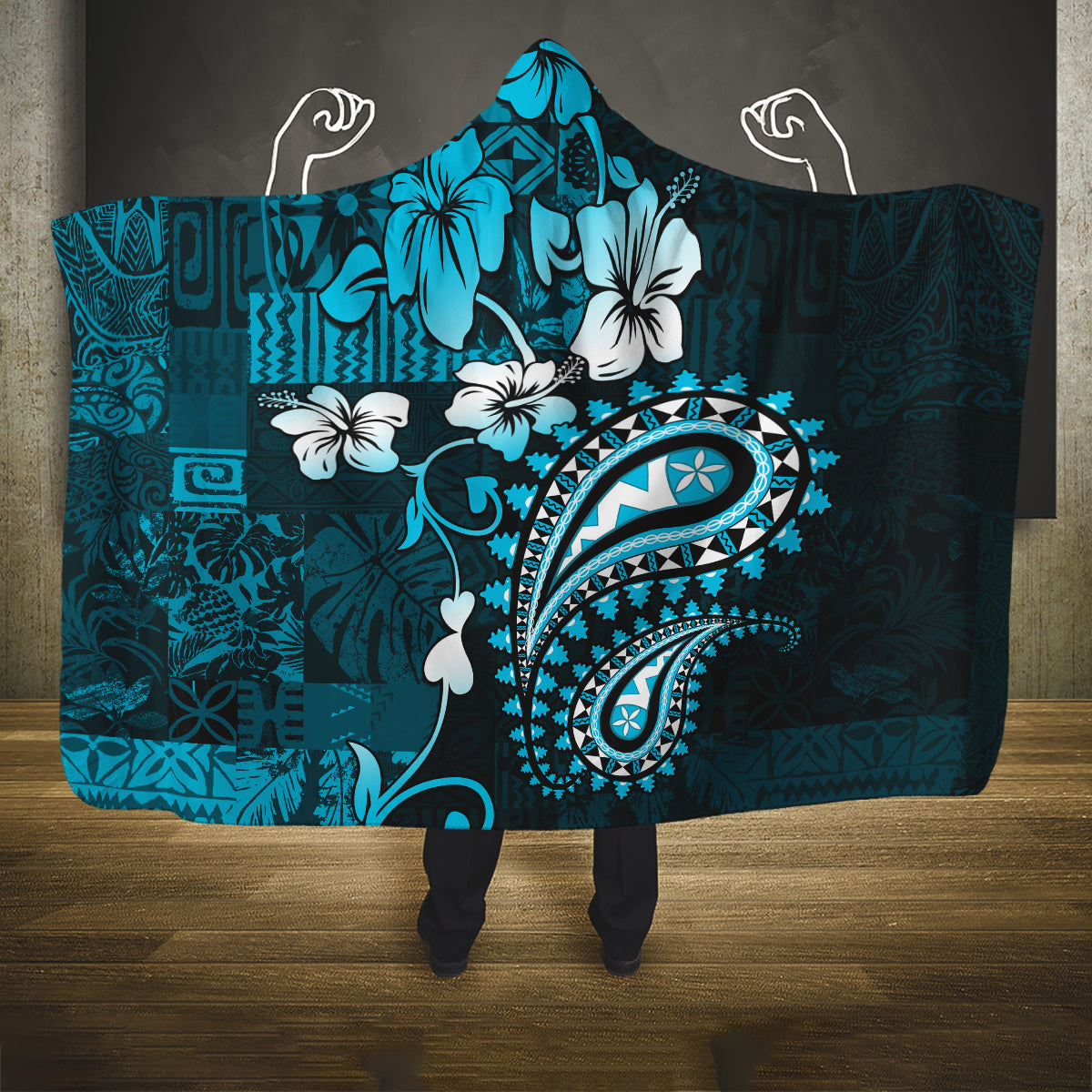 Fiji Masi Paisley Hooded Blanket Fijian Hibiscus Tapa Sky Blue Version LT01 One Size Blue - Polynesian Pride