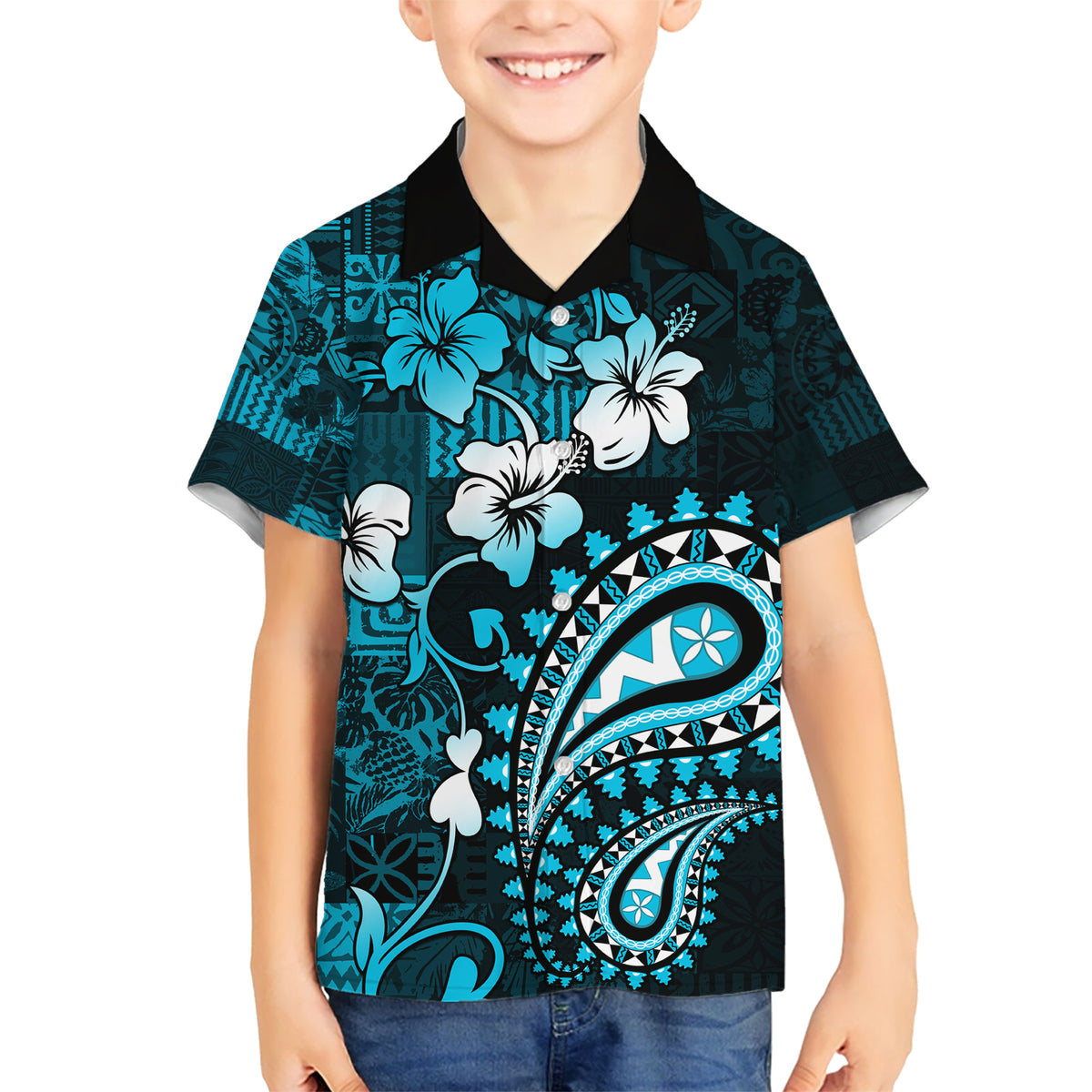 Fiji Masi Paisley Kid Hawaiian Shirt Fijian Hibiscus Tapa Sky Blue Version LT01 Kid Blue - Polynesian Pride