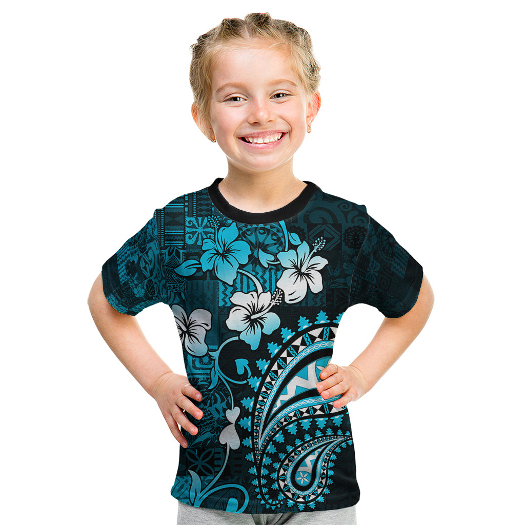 Fiji Masi Paisley Kid T Shirt Fijian Hibiscus Tapa Sky Blue Version LT01 Blue - Polynesian Pride