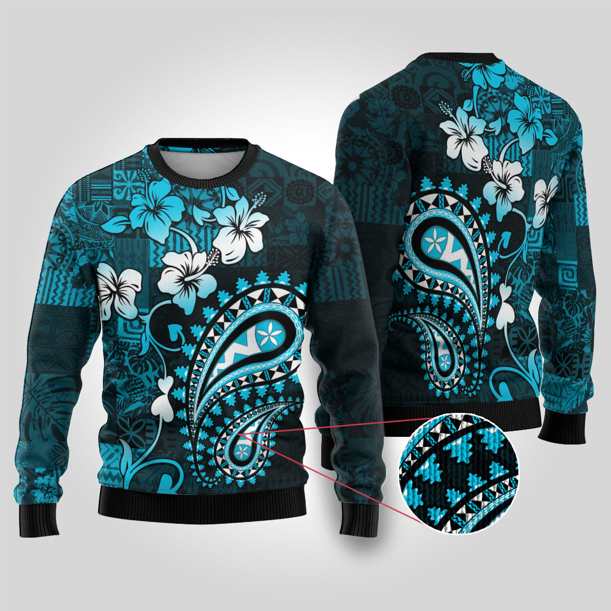 Fiji Masi Paisley Ugly Christmas Sweater Fijian Hibiscus Tapa Sky Blue Version LT01 Blue - Polynesian Pride