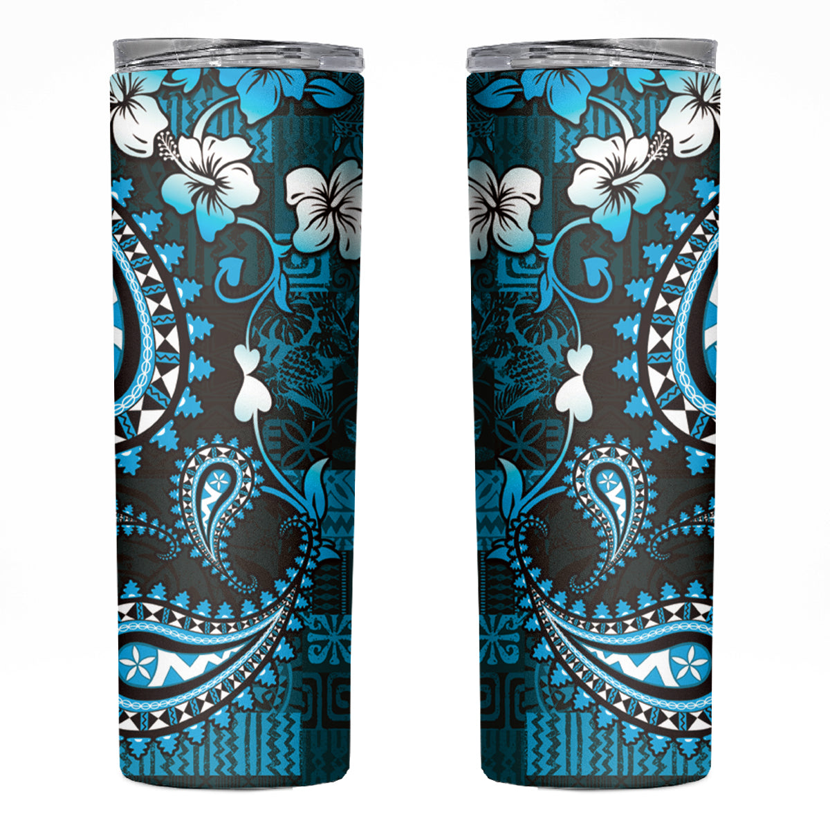 Fiji Masi Paisley Skinny Tumbler Fijian Hibiscus Tapa Sky Blue Version