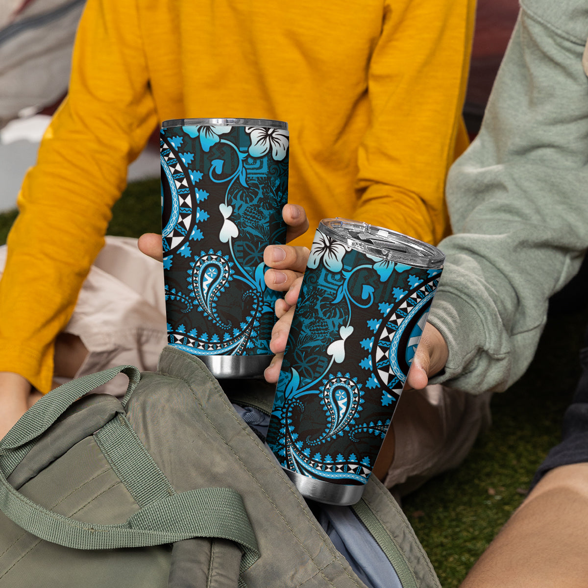 Fiji Masi Paisley Tumbler Cup Fijian Hibiscus Tapa Sky Blue Version